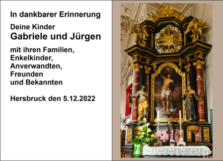 Trauerkarte von Hans Wild (Innenseite mit Bild des Altars)